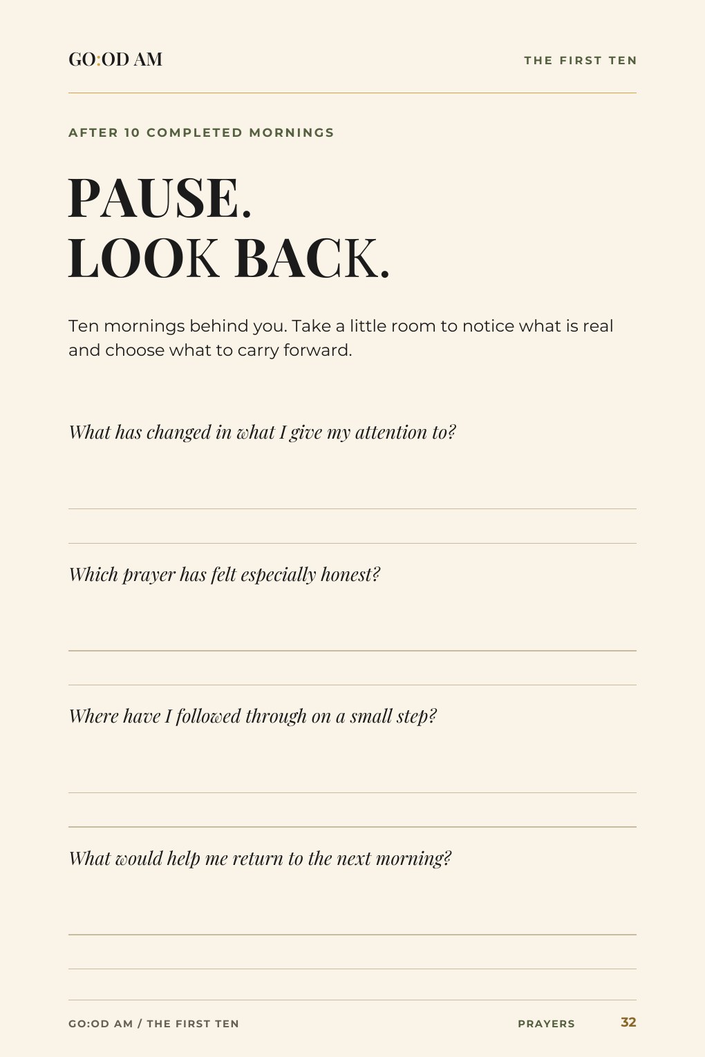 The Look Back page after ten completed mornings in the journal